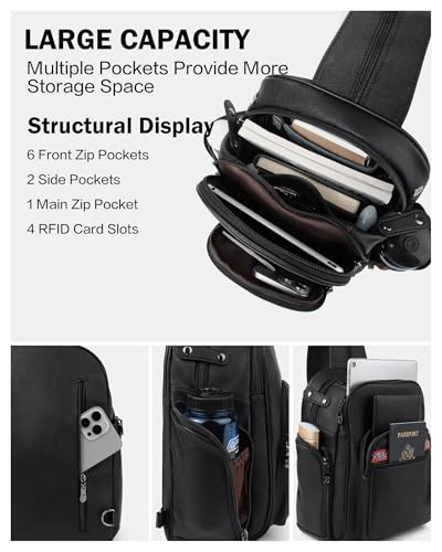 FADEON Large Sling Bag for Women, Designer Leather Crossbody Purse Convertible Sling Backpack, Anti Theft Daypack for Travel - color: Black Retro Style
