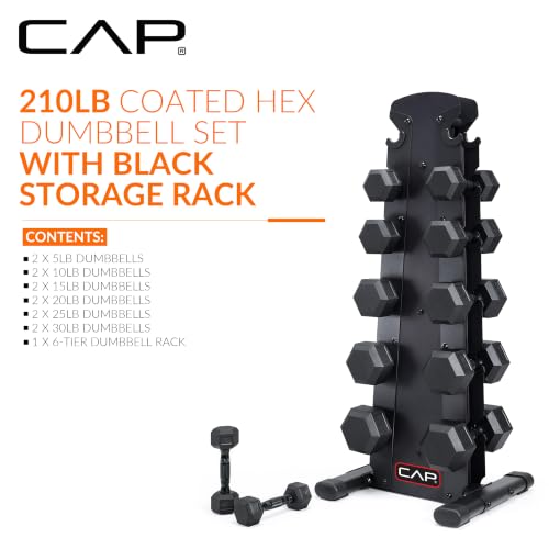CAP Rubber Coated Hex Dumbbell Set with Storage Rack | 100–210 lb Options, Space-Saving Vertical Compact Storage for Home Gym Strength Training - size: 210 lb - Set - Black Rack, style: Black Handle