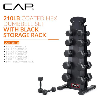 CAP Rubber Coated Hex Dumbbell Set with Storage Rack | 100–210 lb Options, Space-Saving Vertical Compact Storage for Home Gym Strength Training - size: 210 lb - Set - Black Rack, style: Black Handle