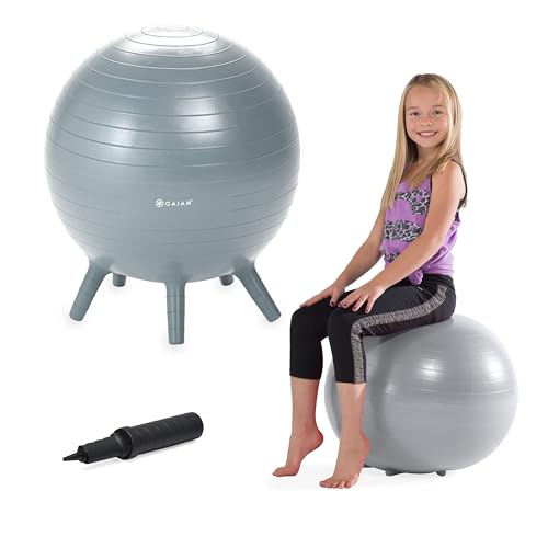 Gaiam Kids Stay-N-Play Children's Balance Ball - Flexible School Chair Active Classroom Desk Alternative Seating Built-In Stay-Put Soft Stability Legs, Includes Air Pump - color: Grey, size: 52cm