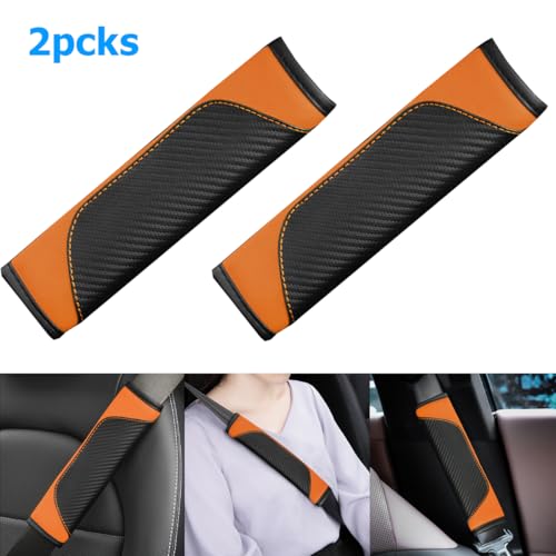 AUCELI 2PCS Car Seat Belt Cover, Carbon Fiber Seatbelt Shoulder Strap Covers, Breathable Leather Soft Harness Pad Protect Your Neck and Shoulder Compatible with Cars - color: Black/Orange