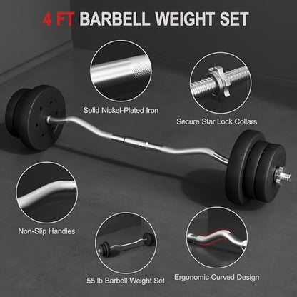 Yaheetech 55lb Curling Bar with Weights Barbell Dumbbell Weight Set Gym Lifting Exercise Workout Curl Bar