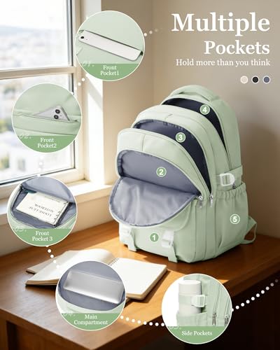 Waterproof Aesthetic Backpack For School, Cute High School Bookbag For Teen Girls Boys, Lightweight Casual Daypack Backpack For Women Men, College Backpack With Lots Of Pockets（MintGreen） - color: Mintgreen