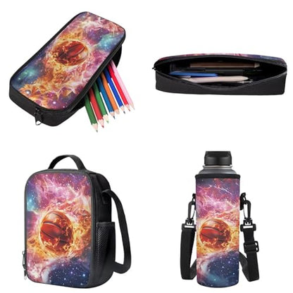 School Bag Backpack Set for Kids Elementary Middle Kids Lightweight Casual Bookbag with Lunch Bag Pencil Case Water Bottle Sleeve, 4 PCS, Basketball Flame Starry Sky - color: Basketball Flame Starry Sky