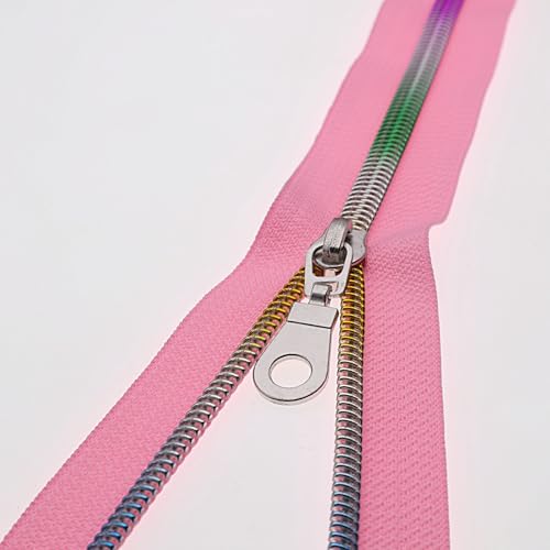 #5 Colorful Metallic Nylon Coil Zipper by Yard,Pink Zipper Tape Bulk 10 Yards with 25pcs Silver Pull for DIY Sewing Craft Bag YIGUANXIN - color: Pink-Colorful