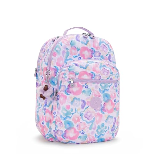 Kipling Women's Seoul Extra Large 17" Laptop Backpack, Durable, Roomy with Padded Shoulder Straps, Built-In Protective Sleeve - color: Aqua Flowers, size: 13.5''L x 17.75''H x 9''D