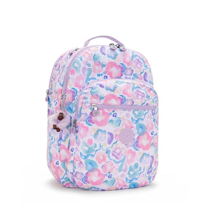 Kipling Women's Seoul Extra Large 17" Laptop Backpack, Durable, Roomy with Padded Shoulder Straps, Built-In Protective Sleeve - color: Aqua Flowers, size: 13.5''L x 17.75''H x 9''D
