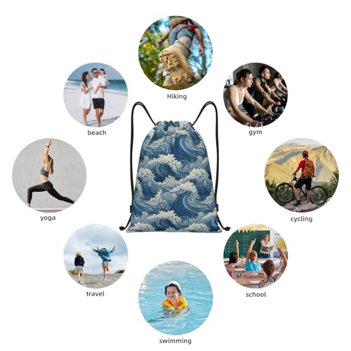 Gianlaima Japanese Blue Sea Waves Drawstring Backpack Sport Gym Sack Yoga Dance Travel Bag For Men Women - color: Black18