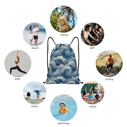 Gianlaima Japanese Blue Sea Waves Drawstring Backpack Sport Gym Sack Yoga Dance Travel Bag For Men Women - color: Black18