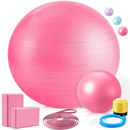 Pilates Set with 2 Yoga Exercise Balls (25.6”&9.8”), Yoga Block, Stretch Strap & Foot Pump, Stability Fitness Ball Kit for Home Gym Equipment Workout Pregnancy Physical Therapy - color: Pink