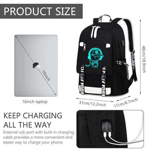 Luminous Pattern Travel Laptop Backpack - Adjustable Shoulder Strap Waterproof Black Backpack With Usb Charging Port & Headphone Port School Backpack Includes Pencil Bag,combination Lock