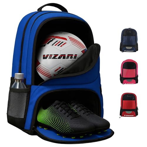 Vizari Soccer Backpack Soccer Bag | Water resistant Durable Equipment Bag for Football, Basketball, Volleyball | Cleats and Ball Compartment - Red,Blue,Pink,Black - color: Black/Royal