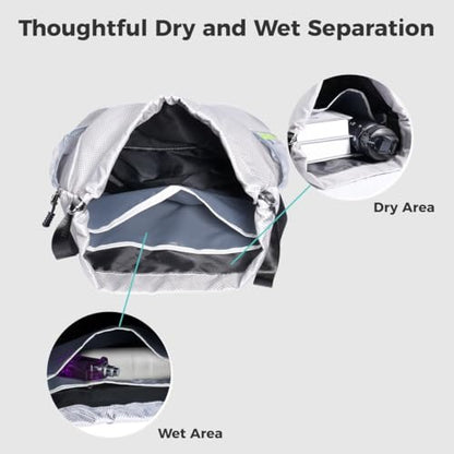 Soccer Sports Backpack with Separate Shoe Compartment & Waterproof Wet-Dry Storage, 20L Drawstring Gym Bag for Boys and Girls, Gray
