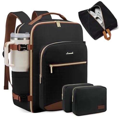 LOVEVOOK 40L Large Travel Backpack for Women Men, 17 Inch Carry on Backpack for Traveling on Airplane, Personal Item Bag Airline Approved, Business Causal Weekender Backpack, Black-Brown - color: 1 Black-brown, size: 40L-17.3 Inch-4Pcs