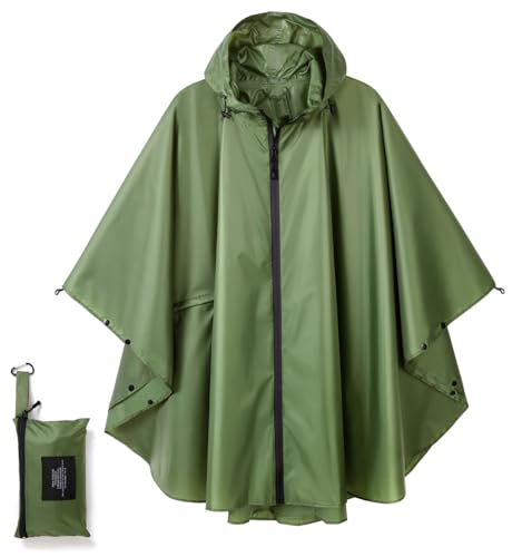 Fashion Hooded Rain Poncho Waterproof Raincoat Jacket with pocket for Women/Men/Adult - color: Army Green