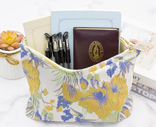 Makeup Bags for Purse Zipper Cosmetic Pouch Large Travel Canvas Make Up Organizer Tool Pouch for Women and Girls,Brocade Flower Yellow - color: Brocade Flower Yellow