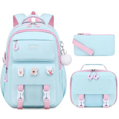DIGOBAY 3PCS Girls Backpack for School, Large Kids Backpack for Girls with Lunch Box Pencil Case Set for Teen Girl Elementary Primary Middle High College School Bookbag with Cute Pins Aquamarine-Pink - color: Aquamarine-pink