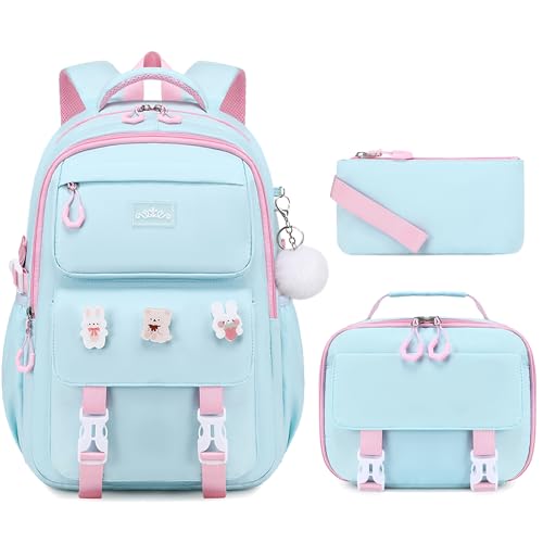 DIGOBAY 3PCS Girls Backpack for School, Large Kids Backpack for Girls with Lunch Box Pencil Case Set for Teen Girl Elementary Primary Middle High College School Bookbag with Cute Pins Aquamarine-Pink - color: Aquamarine-pink