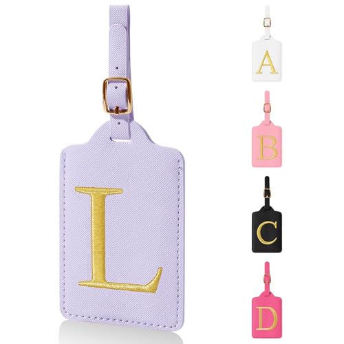 Personalized Initial Luggage Tags for Suitcases,Leather Letter Cute Luggage Tags with Privacy Name Card,Embroidered Monogrammed Travel Bag Backpack Tag Gifts for Women Kids Girls Teens(Purple-L) - color: Purple, size: L