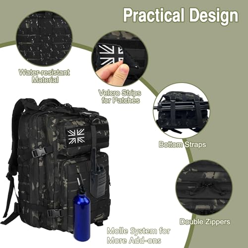 WOLT Military Tactical Backpack for Men 45L Molle Backpack 3 Day Assault Pack Bug Out Bag, Heavy Duty Rucksack for Hiking Gym (Camouflage Black - color: Camouflageblack