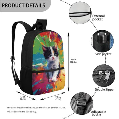 ZOUTAIRONG School Bags and Small Thermos, Colorful Inkjet Cat Design Large Capacity Fashion Casual Backpack with Side Pockets for Mini Water Bottle - color: Colorful Inkjet Cat