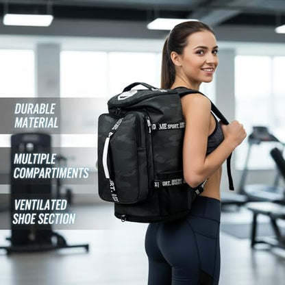 Gym Duffle Bag Backpack with Shoe Compartment,4 ways Travel Backpack for Women and Men,Multi-Functional Weekender bag with Waterproof Layer&Laptop Compartment for Fitness, Travel,Camping - color: Brown