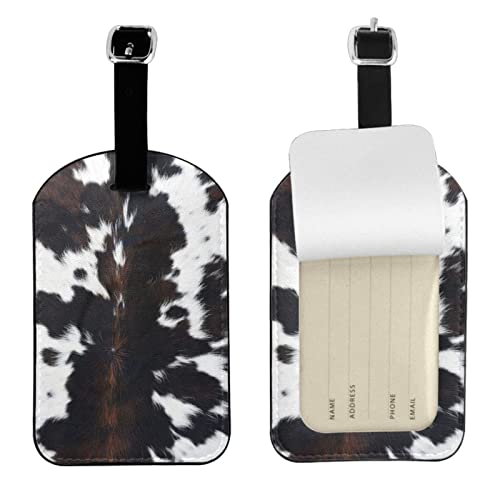 Cow Leather Luggage Tags for Travel Baggage Bag Name Id Labels with Privacy Cover for Suitcase 2 Pack - color: Cow