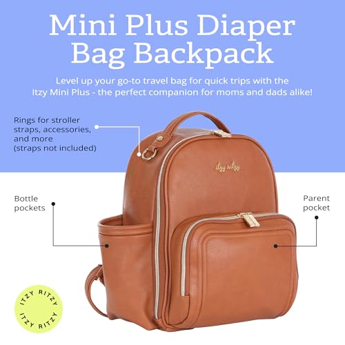 Itzy Ritzy Mini Diaper Bag Backpack – Chic, Compact Mini Plus Backpack with Changing Pad, 10 Pockets (6 Internal, 4 External), Grab-Top Handle & Rubber Feet (Cognac) - color: Cognac