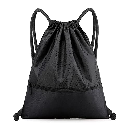 Drawstring Backpack Bag, Waterproof Draw String Back Sack with Zip Pocket, Gym Drawstring Bags Swim Bag for Men Women - color: Black, Upgraded