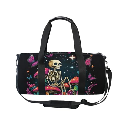 MNSRUU Sports Duffel Bags, Skeleton Sitting on Mushrooms with Butterflies Athletic Gym Bag Overnight Workout Travel Tote Luggage for Men Women Yoga - color: Skeleton A14152