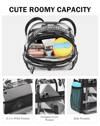 FADEON Clear Small Backpack Purse for Women, Designer Transparent Shoulder Handbag, PVC Mini Clear Bag for Stadium Approved - color: Black Retro Style