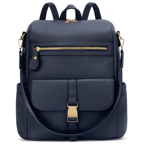 KKXIU Backpack Purse for Women - Multi-pocket Leather backpack for Travel, Work & School with Anti-Theft Lock Pocket, Luggage Strap & Water Bottle Pockets - 13x14x5.2 Inch (Navy) - color: Navy