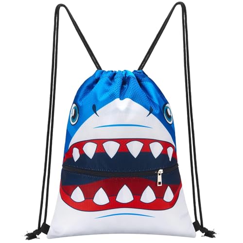 WAWASAM Kids Drawstring Backpack, Gym Swim Bag Cinch Bag for Girls Boys with Zipper Pocket - color: Shark a