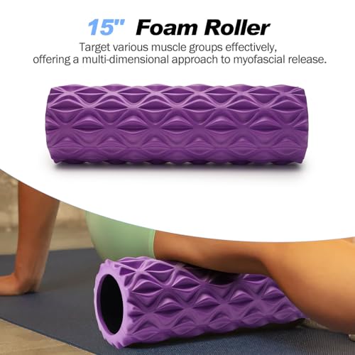 JOYENERGY 5 in 1 Foam Roller Set Trigger Point Foam Roller, Massage Roller Stick, Massage Ball, Stretching Strap for Deep Muscle Massage Pilates Yoga, Fitness Exercise for Whole Body (Purple Diamond) - color: Purple Diamond
