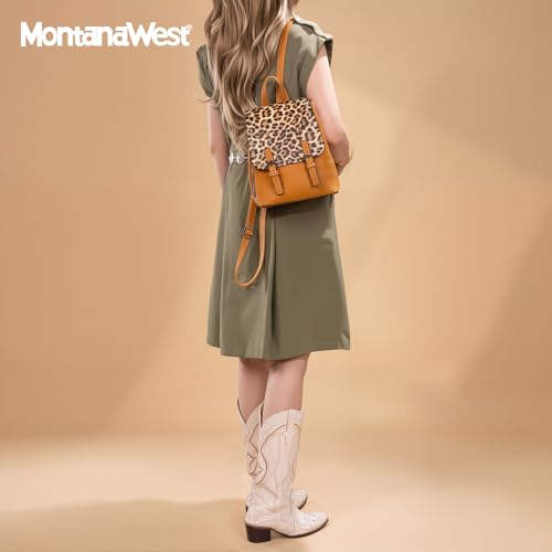 Montana West Brown Leopard Print Small Womens Backpack Purse Vegan Leather Colorblock Mini Backpack for Women Cute Convertible Shoulder Bag - color: Brown Leopard Print
