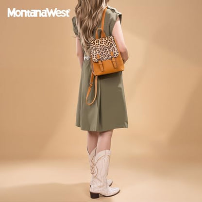 Montana West Brown Leopard Print Small Womens Backpack Purse Vegan Leather Colorblock Mini Backpack for Women Cute Convertible Shoulder Bag - color: Brown Leopard Print