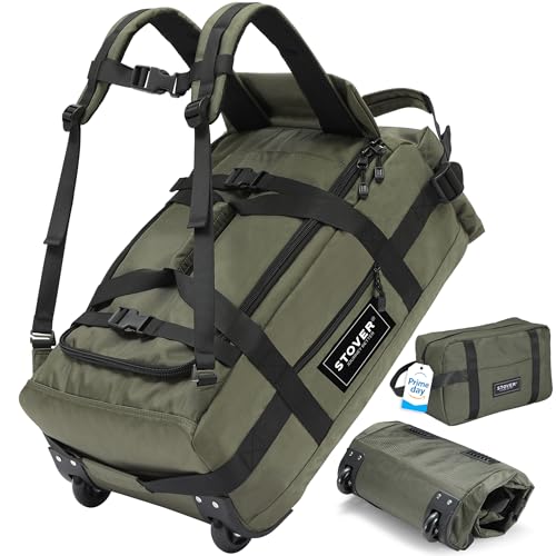 STOVER 45L Carry-On U-Zip Rolling Duffel Bag with Wheels, Medium Durable Travel Duffle w/Toiletry Bag, Heavy-Duty, Packable, Foldable w/Shoulder Straps- Use as Luggage or Backpack, Men/Women (Green) - color: U-Zip Green