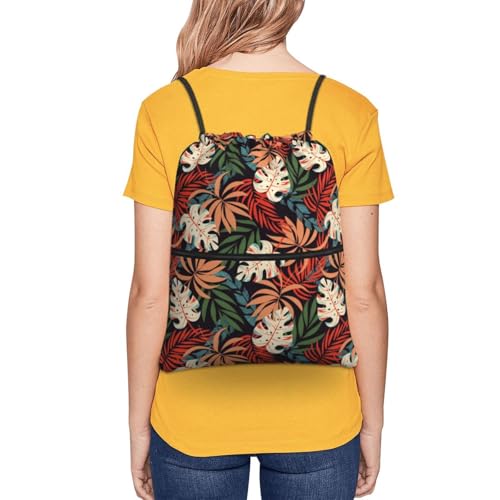 JOOCAR Tropical Leaf Drawstring Bag Summer Backpack Draw String Bags Waterproof Lightweight Sports Gym Beach Sackpack Zipper Pocket for Men Women - color: B4