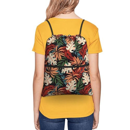 JOOCAR Tropical Leaf Drawstring Bag Summer Backpack Draw String Bags Waterproof Lightweight Sports Gym Beach Sackpack Zipper Pocket for Men Women - color: B4