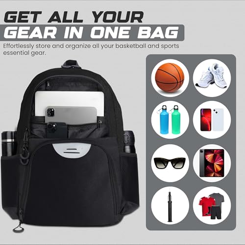 Soccer & Basketball Sports Bag with Ball Pump - Basketball Backpack with Separate Ball & Shoes Holder Compartment, Soccer Basketball Football & Volleyball Bag with Large Capacity - color: Black