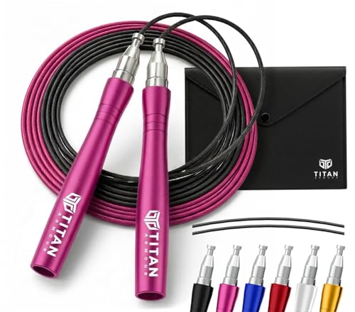 Titan Armour® Speed Rope - Professional Self-Locking & Adjustable, Adult Speed Jump Ropes for Fitness | 2 x Steel Ropes, Cable Protector & Travel Case | Jump Rope Crossfit, Boxing, Fitness MMA for Men & Women - color: Pink