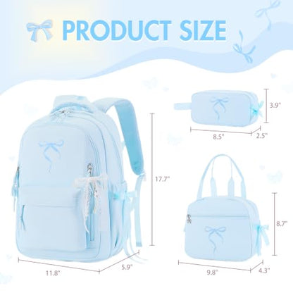 Kids Backpack for Girls - 3PCS Cute Embroidered Bow Girls Backpack with Insulated Lunch Bag & Pencil Case - Bookbag for Teen Women Middle High School College Work Travel Daypack - color: Blue