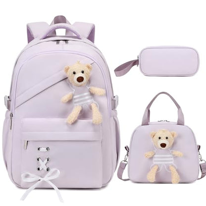 ACESAK School Backpack for Girls - 3 PCS Cute Girls Backpack with Lunch Box & Pencil Case - Kawaii Casual Kids Bookbag School Bag Daypacks Set for Elementary Middle High School Student Teens (Purple) - color: Purple