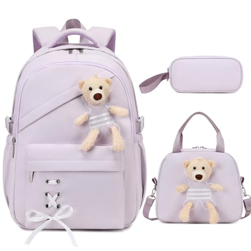 ACESAK School Backpack for Girls - 3 PCS Cute Girls Backpack with Lunch Box & Pencil Case - Kawaii Casual Kids Bookbag School Bag Daypacks Set for Elementary Middle High School Student Teens (Purple) - color: Purple