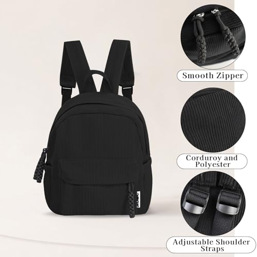 Women’s Small Backpack, Ladies Lightweight Corduroy Backpack, Casual Multi Compartments Travel Daypack Purse (Black) - color: Black