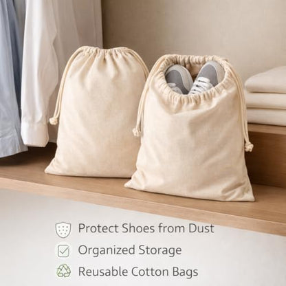 Cotton Shoe Bags with Drawstring | Dustproof, Washable Travel Shoe Pouch | Natural Canvas Organizer for Men & Women | Fits Sneakers, Sandals, Slippers | 14” x 17” (Pack of 2) - color: Cotton, style: Pack 2