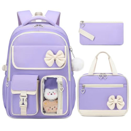 GeeWin Girls Backpack for School with Lunch Box & Pencil Case Set, 17 Inch Waterproof Cute Bow Girls Bookbag for Kids, Teens, Elementary Middle High College School Student (Purple/Beige) - color: Purple Beige