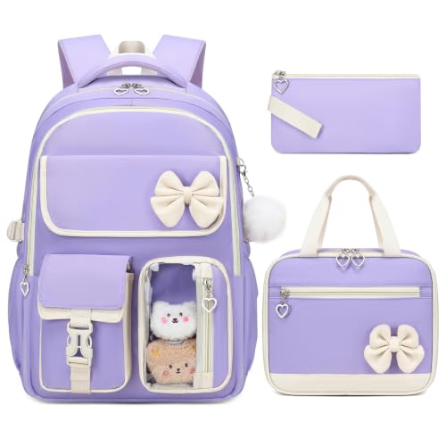 GeeWin Girls Backpack for School with Lunch Box & Pencil Case Set, 17 Inch Waterproof Cute Bow Girls Bookbag for Kids, Teens, Elementary Middle High College School Student (Purple/Beige) - color: Purple Beige