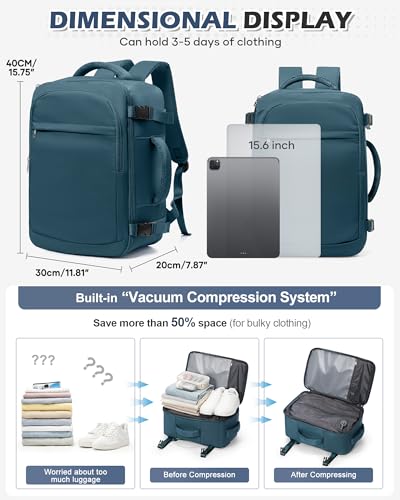 VGCUB Vacuum Backpack Travel with Pump, 40L Carry On Travel Backpack Flight Approved TSA, Vacuum Seal Compression Bags for Clothing, Waterproof Personal Item Bag for Women Men Peacock Blue - color: A-peacock Blue With Vacuum Bag
