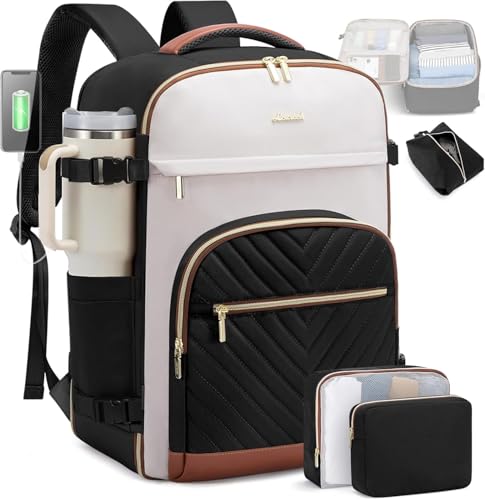 LOVEVOOK Travel Backpack for Women,35L Carry On Backpack for Airplanes,15.6 Inch Laptop Personal Item Travel Bag,TSA Approved Carry On Luggage,Waterproof Weekender Business Hiking Bag - color: Beige Black Brown, size: M-4pcs